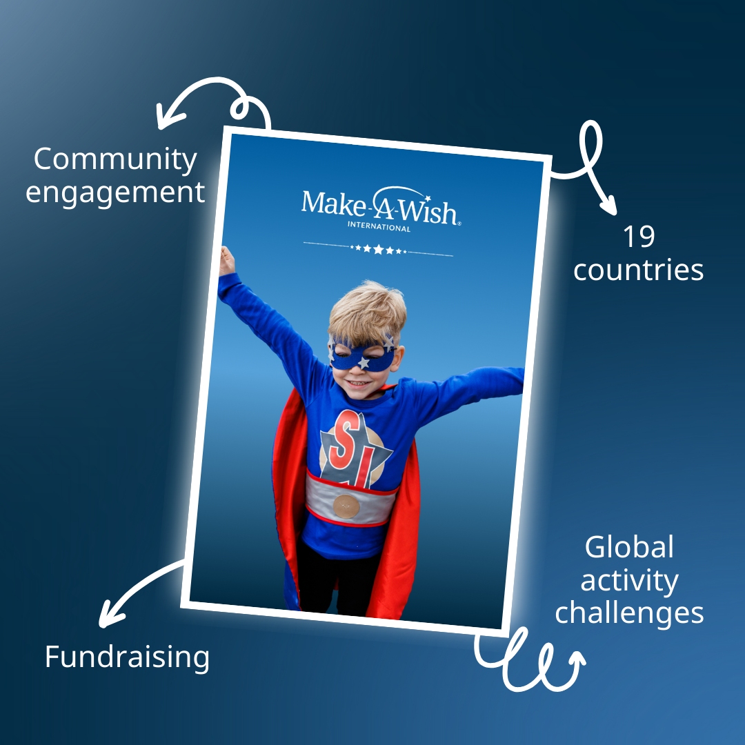 kid in a super hero costume with a cape with the caption on graphic that reads "community engagement, 19 countries, global activity challenges, fundraising"