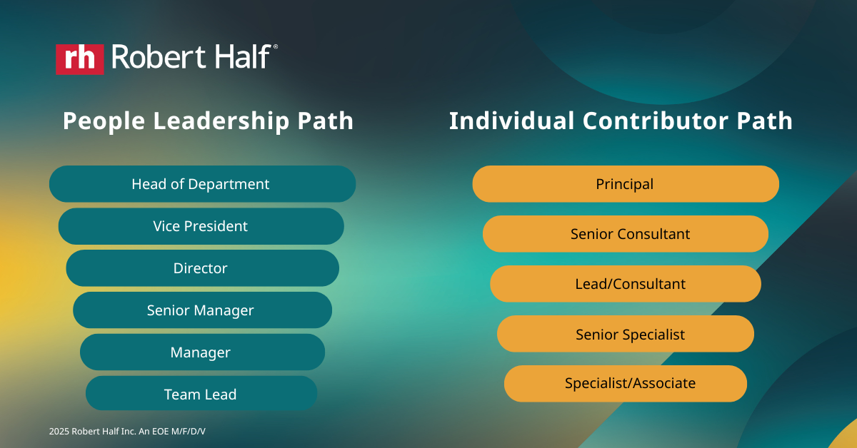 Career advancement chart from Robert Half showing two paths: "People Leadership Path" and "Individual Contributor Path."  People Leadership Path (from bottom to top):  Team Lead  Manager  Senior Manager  Director  Vice President  Head of Department  Individual Contributor Path (from bottom to top):  Specialist/Associate  Senior Specialist  Lead/Consultant  Senior Consultant  Principal. Footer text: "2025 Robert Half Inc. An EOE M/F/D/V."